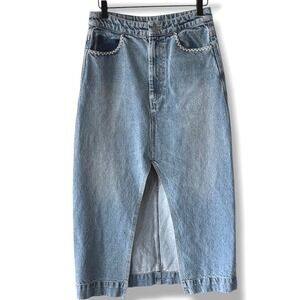 Sea New York Marion Mended Denim Midi Skirt Size 4 Slit Y2K 90s Boho Cottagecore